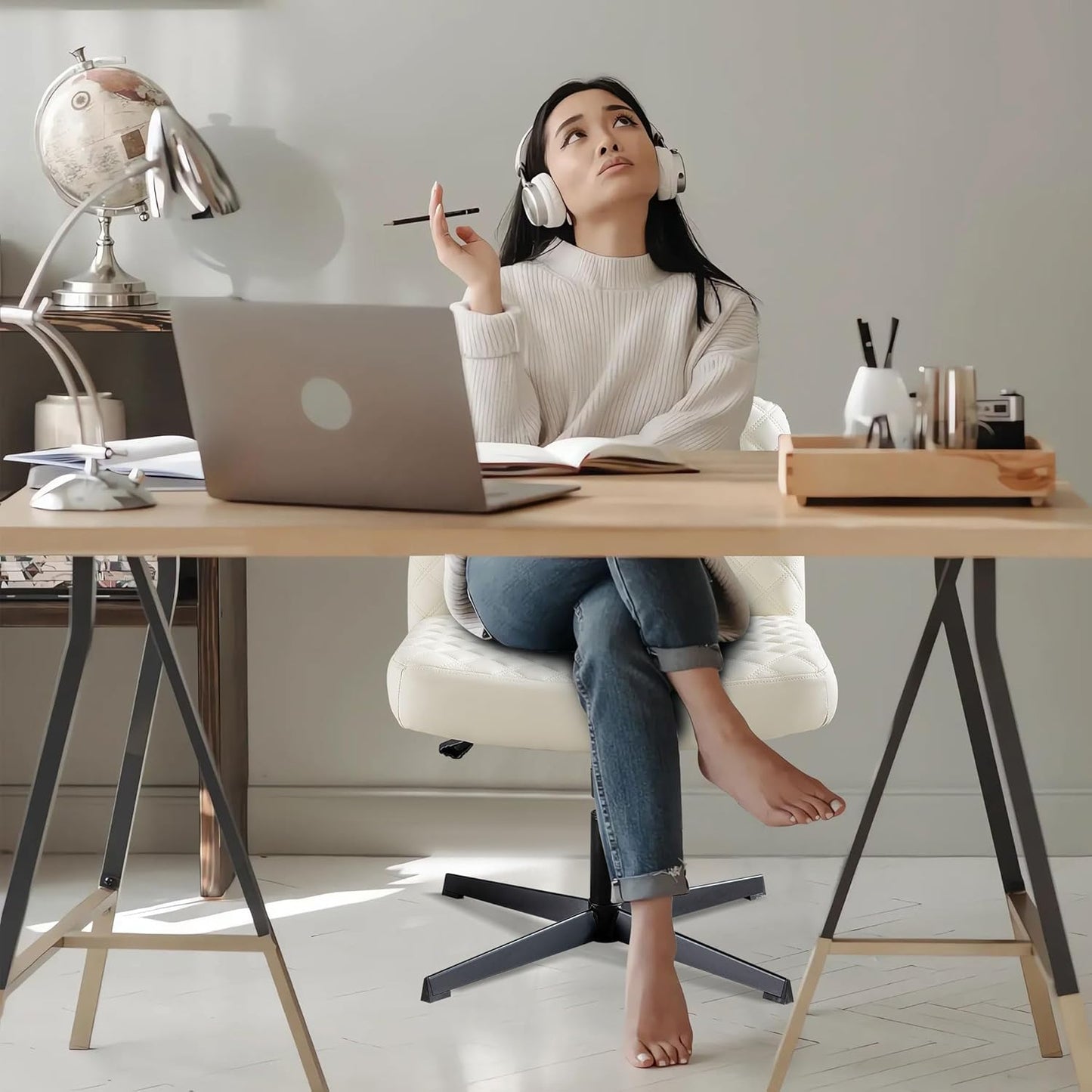 Bürostuhl Ohne Armlehnen,Home Office Stuhl Keine Räder,Heavy Duty Metallbasis,120°Schaukelnder breiter Sitz Ergonomischer Stuhl, Dicken gepolsterte Dreh Eitelkeit Stuhl für Heim und Büro Beige+PU+Metal