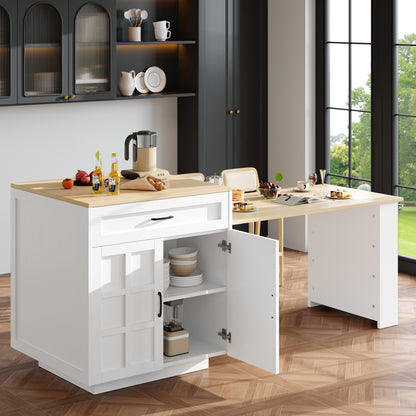 Bartisch ausziehbar 133-202cm, Kücheninsel mit Marmor-Optik & Stauraum, Esstisch für 2-6 Personen, Küchenwagen mit Schubladen & Regalen, Weiß