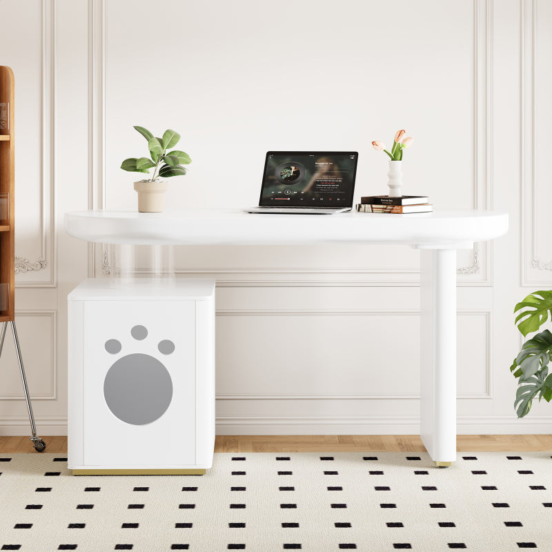 Schreibtisch mit Haustierbett, komplett lackiert, abgerundete Kurven, 5 cm dicke Beine, stabil und modern, Haustiergrößen M–XL