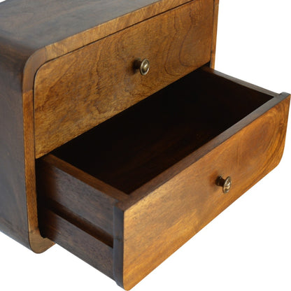 Schwebender Nachttisch aus massivem Mangoholz – Kastanienbraun, Curved Design, 2 Schubladen, Handgefertigt, Wandmontage, 45x32x25 cm