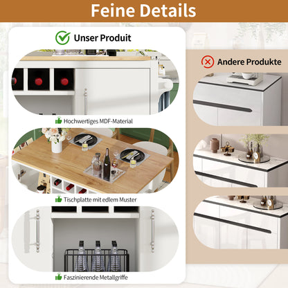 Kücheninsel Buffetschrank 120x73x92cm Küchenwagen mit klappbarer Arbeitsplatte Gewürzregal Weinregal und verstellbaren Ablagen Weiß
