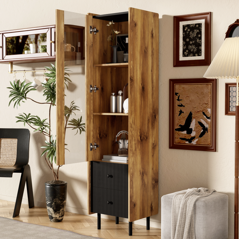Sideboard, Hochschrank in schwarzer Holzmaserung – 180 x 44 x 40 cm mit Glastür, gelbem LED-Licht, 2 Schubladen