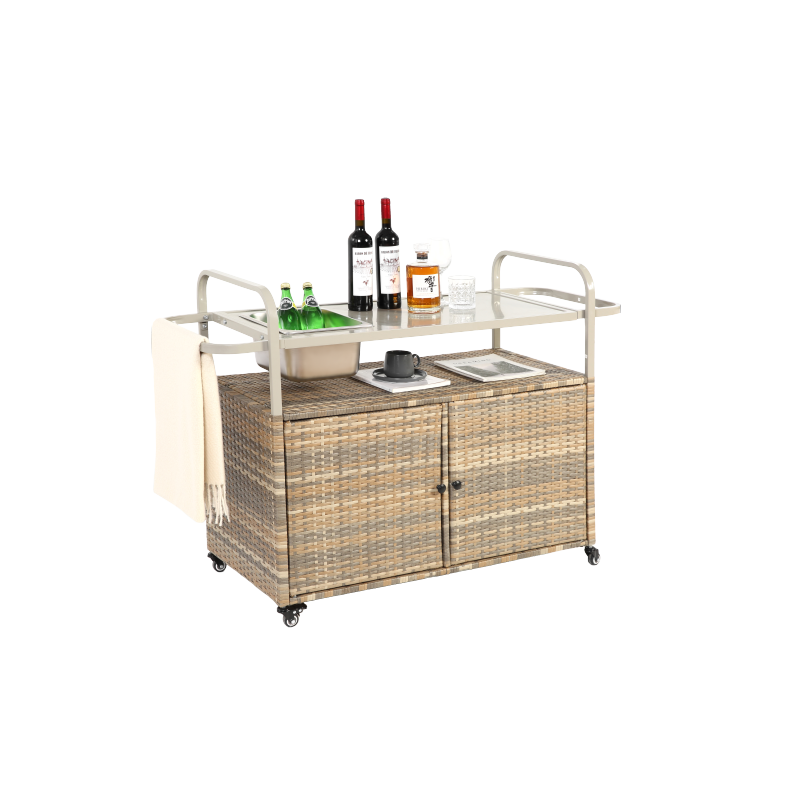 Outdoor Bar Table, Wicker Bar Cart with Cabinet, Patio Serving Cart with steel Top, with one ice bucket,Lockable Wheels, Side Basket for Garden, Poolside & Backyard, Beige