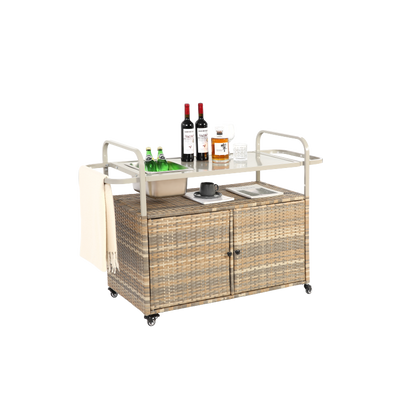 Outdoor Bar Table, Wicker Bar Cart with Cabinet, Patio Serving Cart with steel Top, with one ice bucket,Lockable Wheels, Side Basket for Garden, Poolside & Backyard, Beige