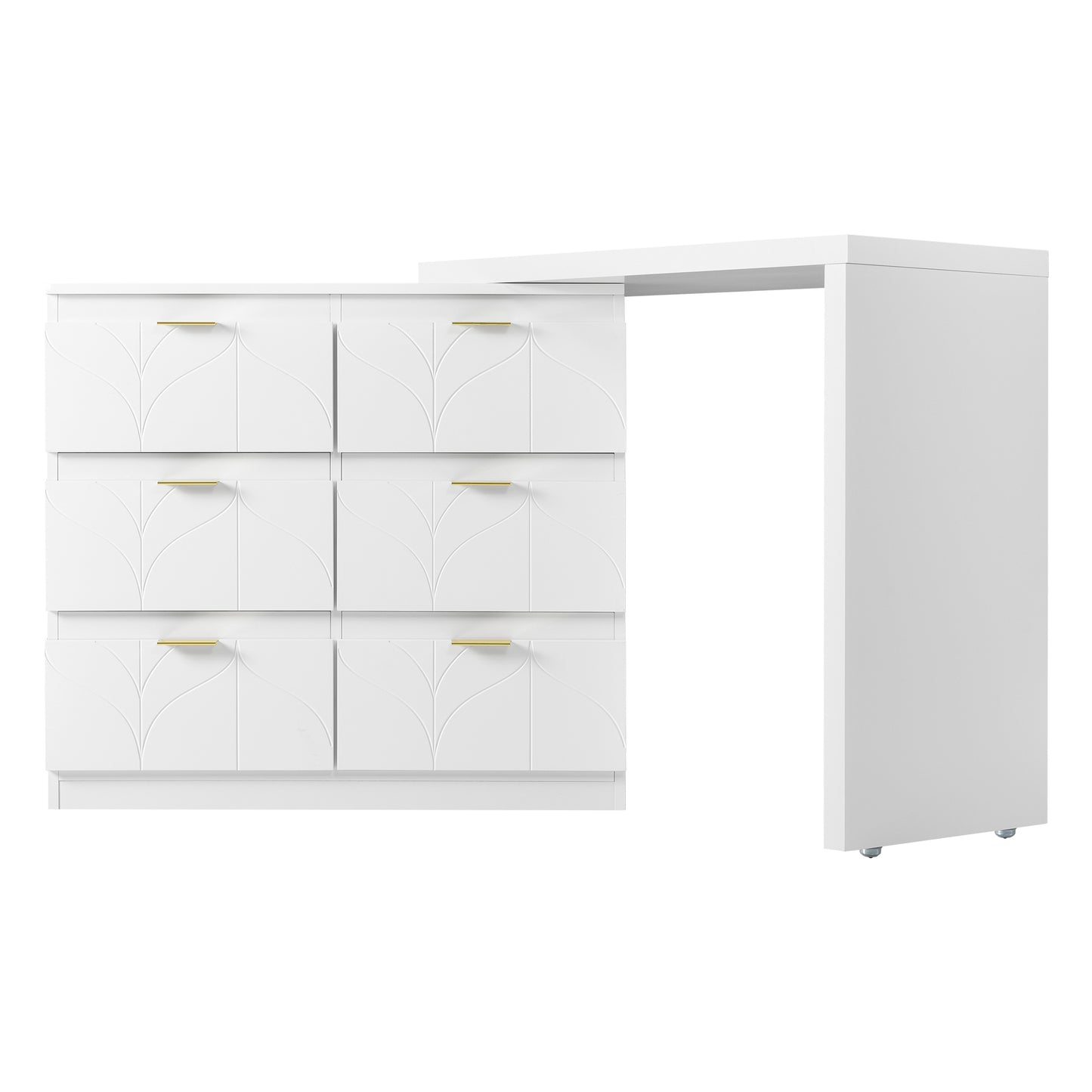 Schminktisch mit Beistelltisch,Bürotisch mit 6 Schubladen,Vergoldeten Griffen,drehbare Tischplatte(180°),lackiert,Blumenmuster,stoßfeste abgerundete Ecken,40T*73H,Weiß (ohne Spiegel und Hocker)