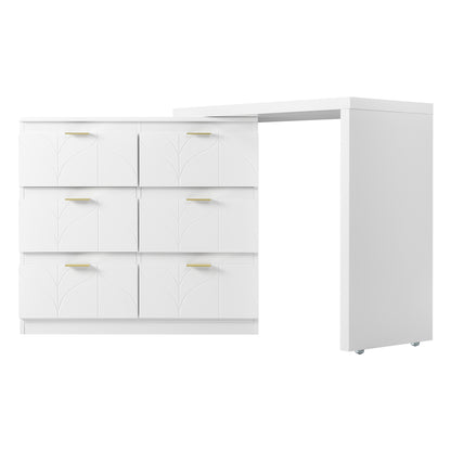 Schminktisch mit Beistelltisch,Bürotisch mit 6 Schubladen,Vergoldeten Griffen,drehbare Tischplatte(180°),lackiert,Blumenmuster,stoßfeste abgerundete Ecken,40T*73H,Weiß (ohne Spiegel und Hocker)