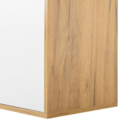TV-Schrank, niedriges Paneel in Weiß und Holzfarben, TV-Möbel, die an die Wand gehängt oder auf den Boden gestellt werden können