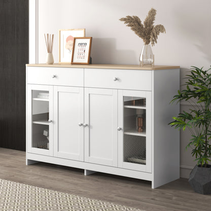 Sideboard mit weißer Holzmaserung, vier Türen, mit zwei Schubladen, Tür mit Glas. Wohnzimmer, Esszimmer. Holzfarbe und Weiß