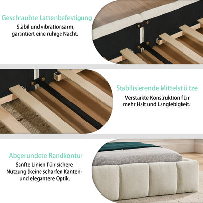 Doppelbett 140x200 cm, Bett mit seidig weichem Chenille - Bezug, quadratischem Steppdesign, Beige (ohne Matratze)