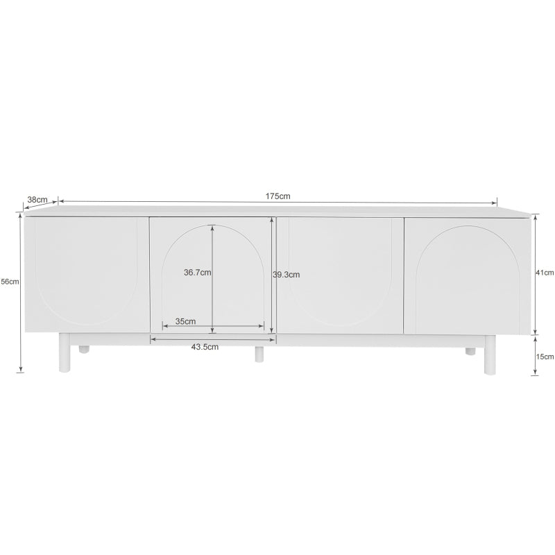 Moderner weiß TV-Schrank – 175 x 38 x 56 cm, verstellbare Einlegeplatten, Leichte Lowboard-TV-Möbel im Luxusstil