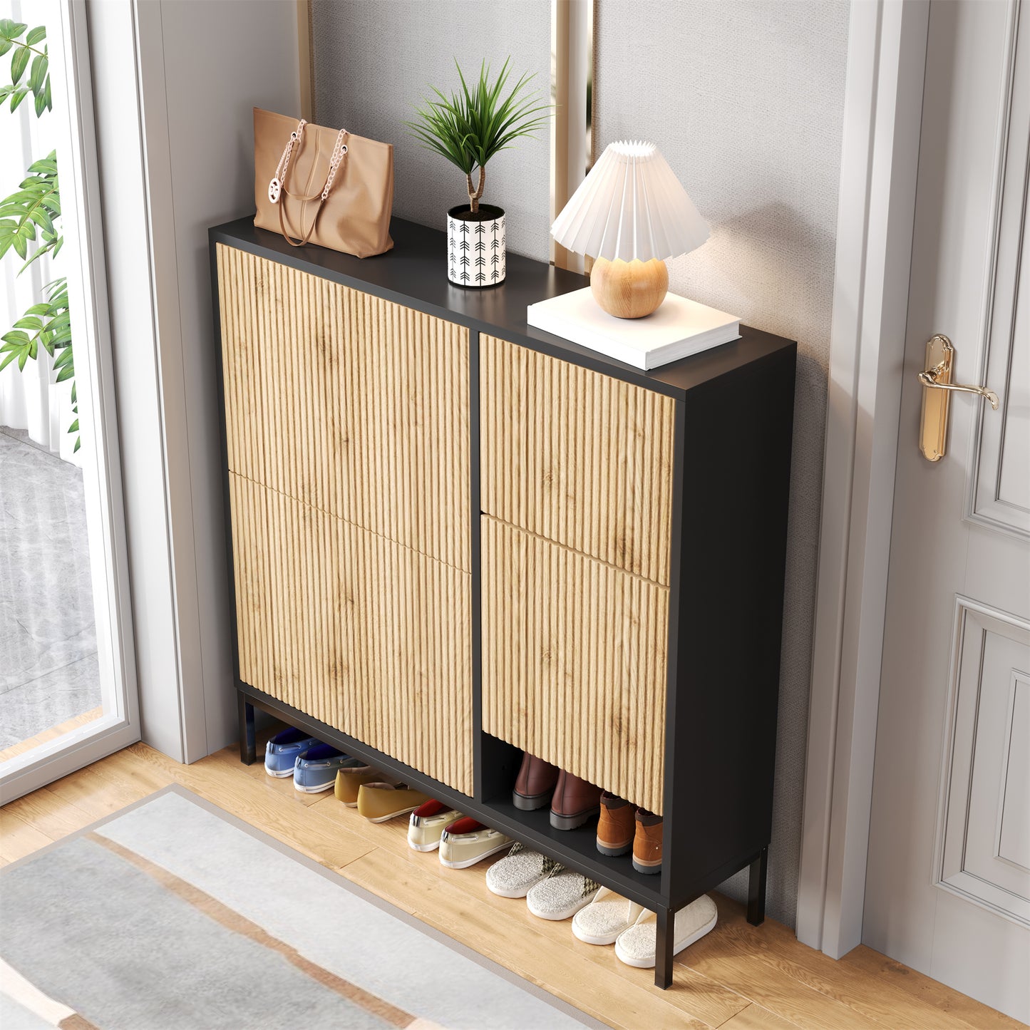 Schuhschrank mit Schuhwechselhocker, dreifach klappbarem Schuhregal und offenem Stauraum, geeignet für Flure, Schwarz + Holzfarbe
