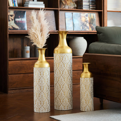 3er Set Bodenvase Gold mit Weißen Punkten, Metall, Vintage, 83/66/50 cm hoch