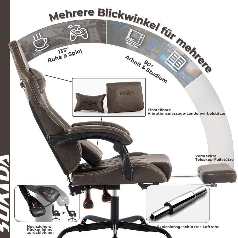 Gaming Stuhl Computerstuhl Ergonomischer Gaming Chair mit Fußstütze Bürostuhl Ergonomischer Computerstuhl mit Lendenwirbelstütze Braun