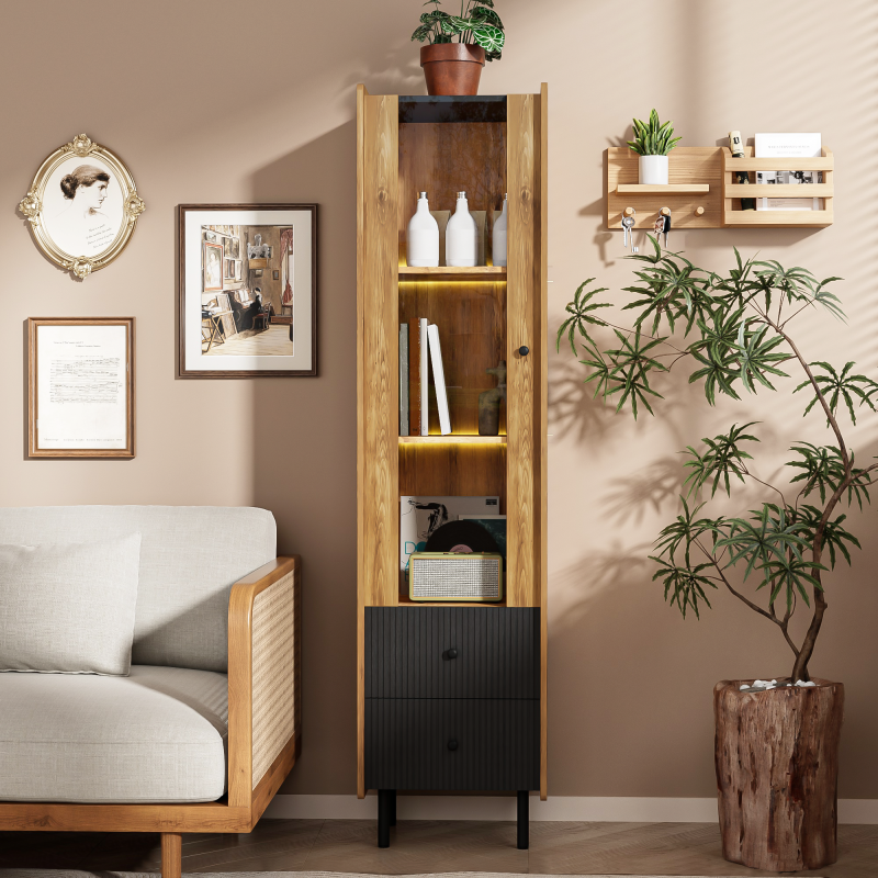 Sideboard, Hochschrank in schwarzer Holzmaserung – 180 x 44 x 40 cm mit Glastür, gelbem LED-Licht, 2 Schubladen