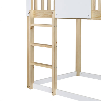 Etagenbett mit rechtwinkliger Leiter und Rutsche, Hausbett mit Dach und Fenster, Kinderbett mit Fallschutz und Gitter, Rahmen aus Kiefer, Natur+Weiß (90x200cm)