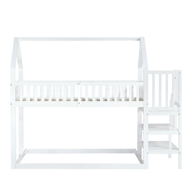 [29994142WAA]Etagenbett, Hausbett mit Treppe, Kinderbett mit Fallschutz und Gitter, Rahmen aus Kiefer, weiß (90x200&140*190cm)