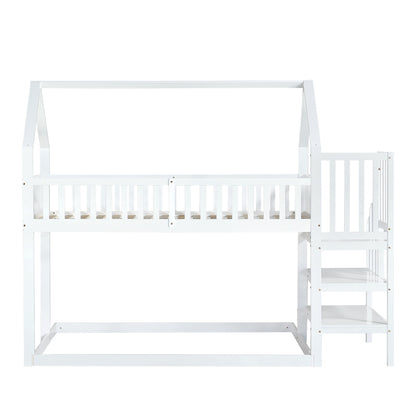 [29994142WAA]Etagenbett, Hausbett mit Treppe, Kinderbett mit Fallschutz und Gitter, Rahmen aus Kiefer, weiß (90x200&140*190cm)