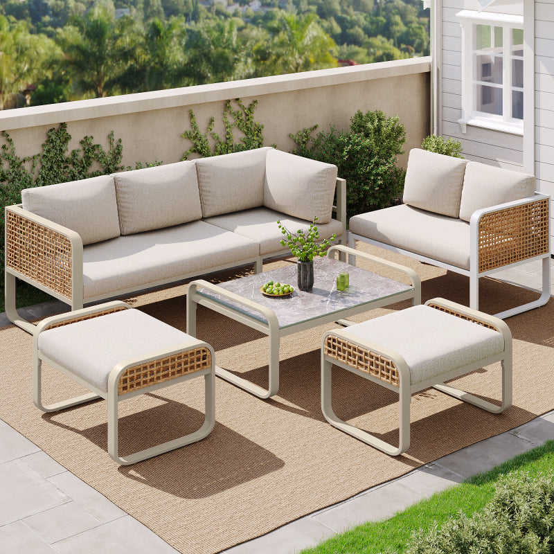Garten-Lounge-Set, Rattan-Möbel-Set für 6-7 Personen, Ecksofa mit verzinktem Eisengestell, verstellbare Beine, inklusive aller Sitz- und Rückenkissen, beige