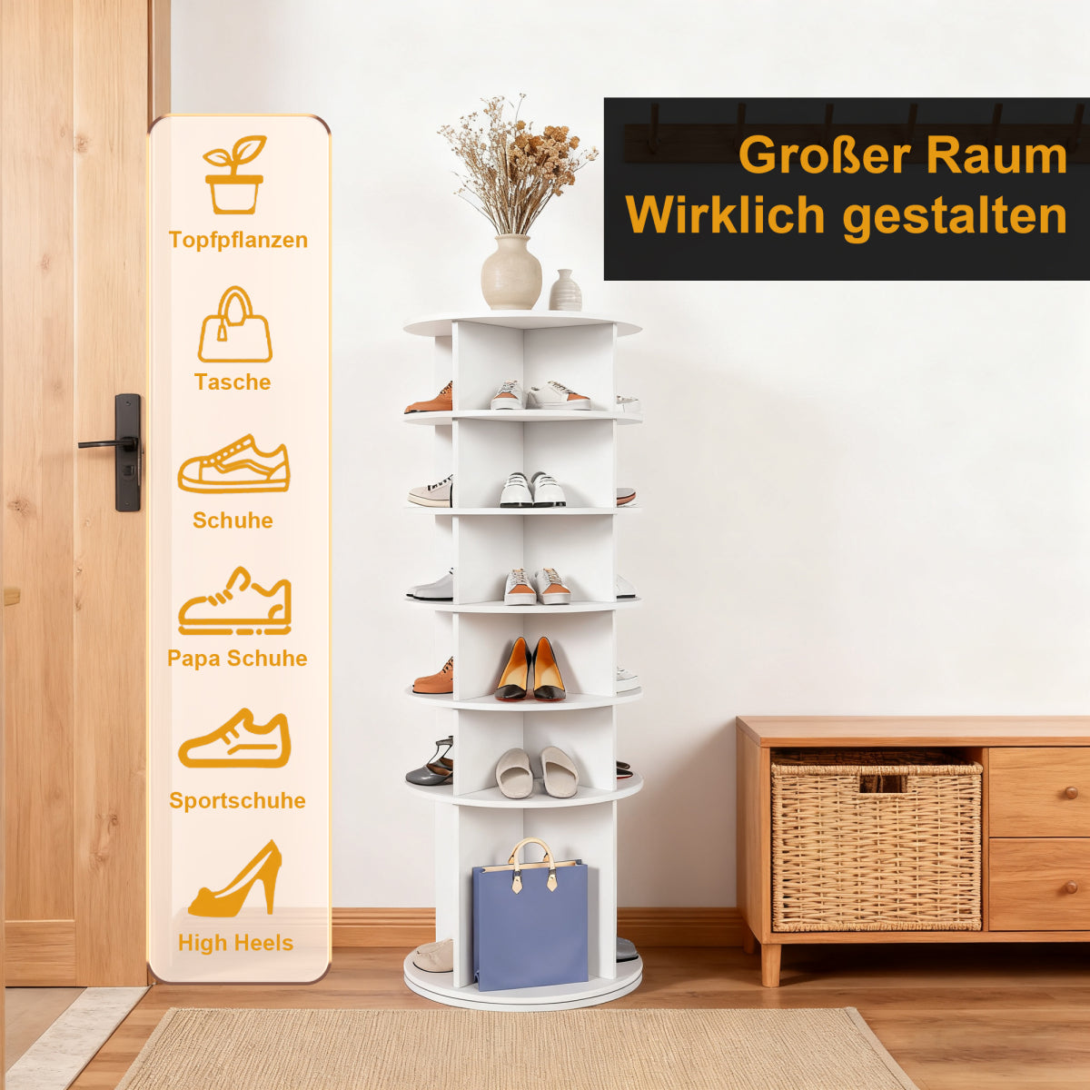 Drehbares Schuhregal 6 Etagen, 360°, Stiefelfach, 24 Paar, Weiß, 161 cm hoch