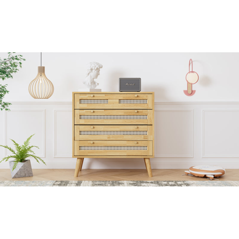 Klassische Kommode, Schrank mit 3 Schubladen, mit Rattan-Schubladenplatte, mit unterem Flip-Top-Deckel, mit goldfarbenem Metallgriff und Holzbeine, Stauraum im Wohnzimmer und Schlafzimmer, Spanplatten