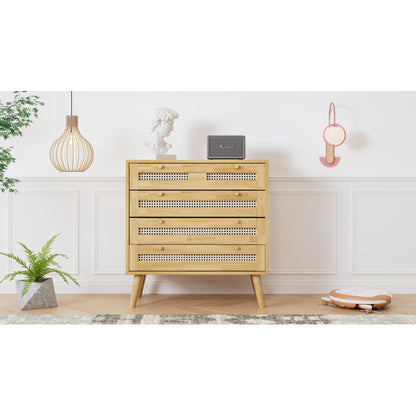 Klassische Kommode, Schrank mit 3 Schubladen, mit Rattan-Schubladenplatte, mit unterem Flip-Top-Deckel, mit goldfarbenem Metallgriff und Holzbeine, Stauraum im Wohnzimmer und Schlafzimmer, Spanplatten