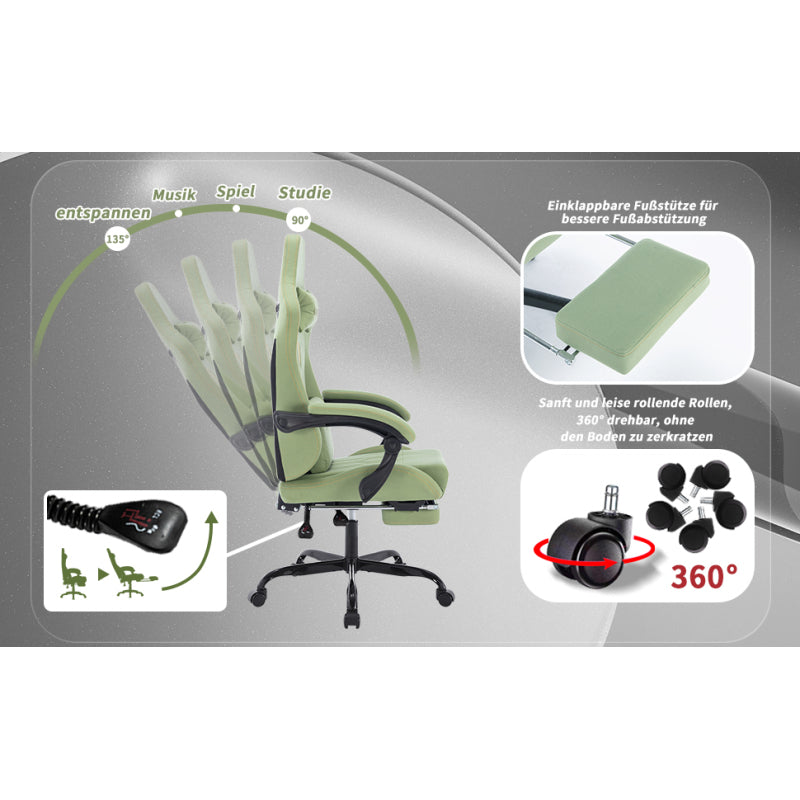 Gaming Stuhl Computerstuhl Ergonomischer Gaming Chair mit Fußstütze Bürostuhl Ergonomischer Computerstuhl mit Lendenwirbelstütze Grün