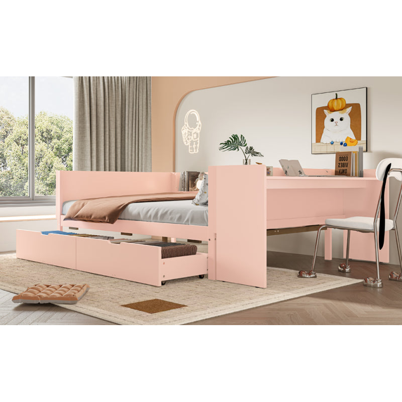Flachbett, Holzbett, 140x200cm, mit Schreibtisch, ausgestattet mit 2 Schubladen, Doppelbett(Ohne Matratze), mit Regalen, Kiefer + Spanplatte, Rosa