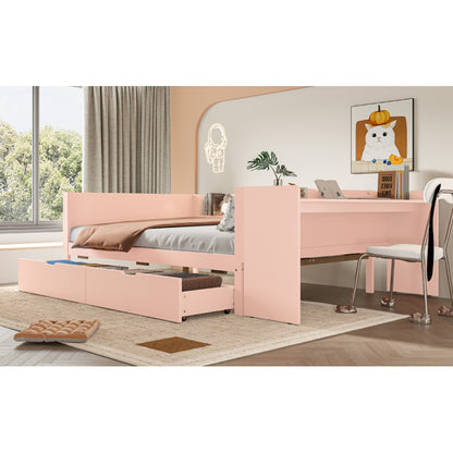 Flachbett, Holzbett, 140x200cm, mit Schreibtisch, ausgestattet mit 2 Schubladen, Doppelbett(Ohne Matratze), mit Regalen, Kiefer + Spanplatte, Rosa