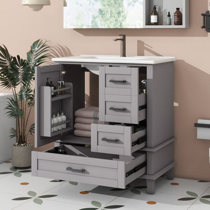 Bodenstehender Badezimmerschrank mit Waschbecken, Waschtisch, komplett lackiert, Türregal, drei geräuschlose Schubladen, integriertes Keramikwaschbecken, Grau