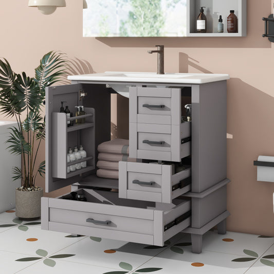 Bodenstehender Badezimmerschrank mit Waschbecken, Waschtisch, komplett lackiert, Türregal, drei geräuschlose Schubladen, integriertes Keramikwaschbecken, Grau