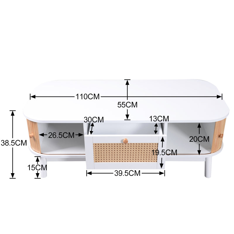 Couchtisch - Rattan-Kaffeetisch, Schubladen mit Rattan und Schiebetüren mit Massivholzlatten, Massivholzbeine, Natürlicher Landhausstil.
