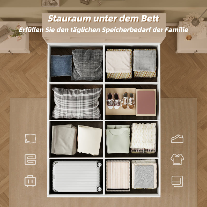 Stauraumbett 140*200cm, Doppelbett,Funktionsbett,Massivholzbett, mit USB-Anschluss, mit Aufbewahrungsbox unter dem Bett, mit Stauraum, ohne Matratze, weiß