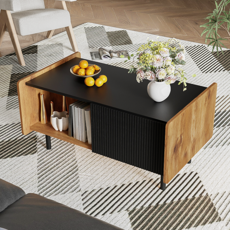 90 cm Schwarze und Holzfarbene Couchtisch – Moderner Stil, Zwei Offene Fächer und Zwei Türen, Dämpfende Scharniere