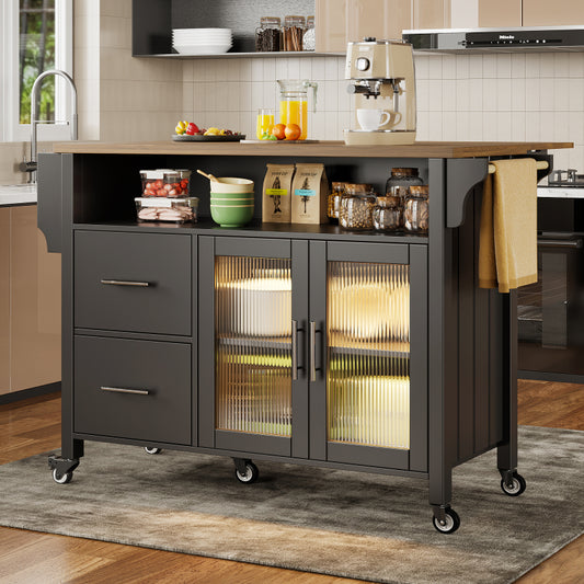 Kücheninsel mit herausnehmbaren Trennwänden, Speisewagen mit Arbeitsplatte, Buffetschrank, Speisewagen mit Glasvitrine in Holzmaserung, LED-Leuchten, seitlicher Handtuchhalter mit Rollen, Schwarz