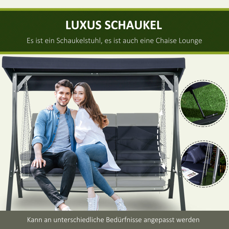Hollywoodschaukel 3-Sitzer, bis 270 kg belastbar, Schaukelbank mit verstellbarem Sonnendach, Gartenschaukel mit Kissen