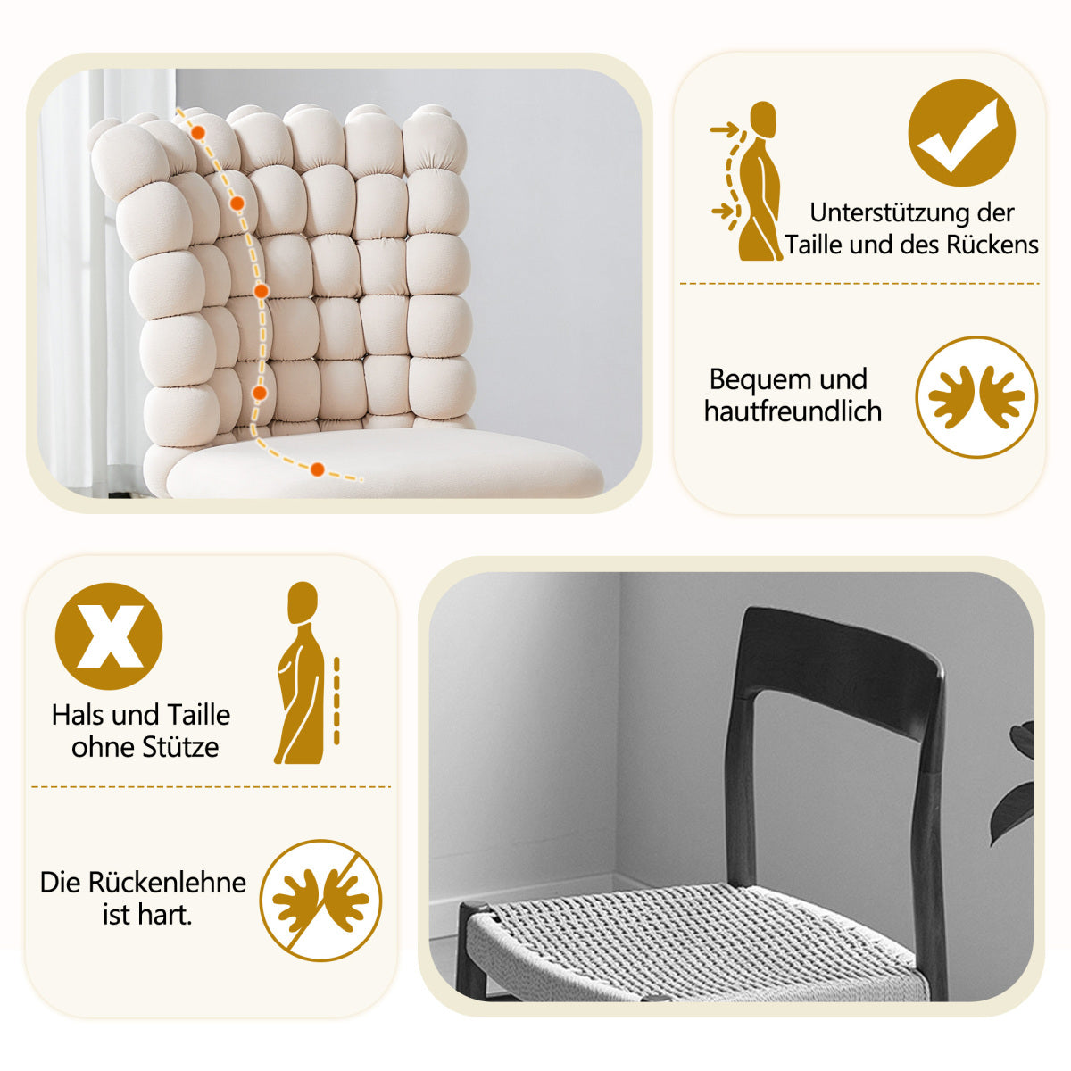 Esszimmerstuhl 2er Set Samt, Schwarz-Metallbeine, Modern Luxus, Cremeweiß