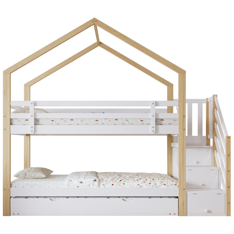 Etagenbett, Ausziehbares Baumhausbett, Schiebebett, Treppe mit 3 Schubladen, Kinderbett mit Absturzsicherung und Kinderbettgitter, mit Lattenroste, Natur+Weiß (90x200cm&90x190cm) [30813567NAA]