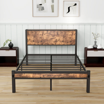 120x200 cm Metallgestell mit Stauraum-Kopfteil, Einzelnes Metall-Plattformbettgestell, Geräuschfrei, Metalluntergestell, Ohne Boxspring Notwendig, Vintage Braun