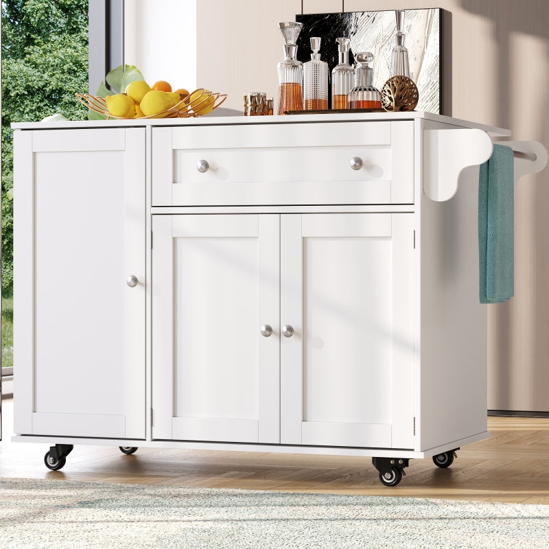 Küchenwagen, herausnehmbarer Speisewagen mit klappbarer Tischplatte, Schranktür mit Snack-Regal, verstellbare Trennwände, 1 Schublade, 4 Räder (2 feststellbar), weiß (105,5*40-60*83cm)