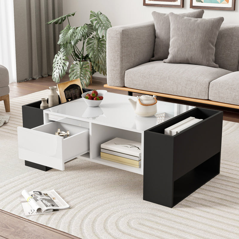 Moderner Couchtisch 105 x 60 x 40,5 cm – Schwarz-Weiß-Design mit hochglänzender Oberfläche, Schublade und 4 offenen Fächern