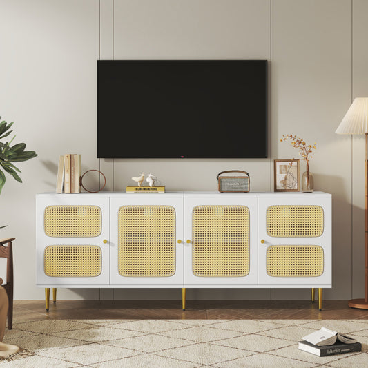 Eleganter Weißer Rattan-TV-Schrank 180x40x72 cm - Mit 4 Rattantüren, Höhenverstellbaren Regalen und Kabelmanagement, Für bis zu 80 Zoll Fernseher,TV-Schränke,Lowboards