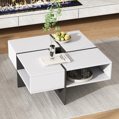 Moderner quadratischer Couchtisch 70x70x35cm – Schwarz-Weiß Design, 5 offene Fächer, mittleres Staufach 10x10cm, stabiler 30KG Tragkraft,Weißer quadratischer Couchtisch