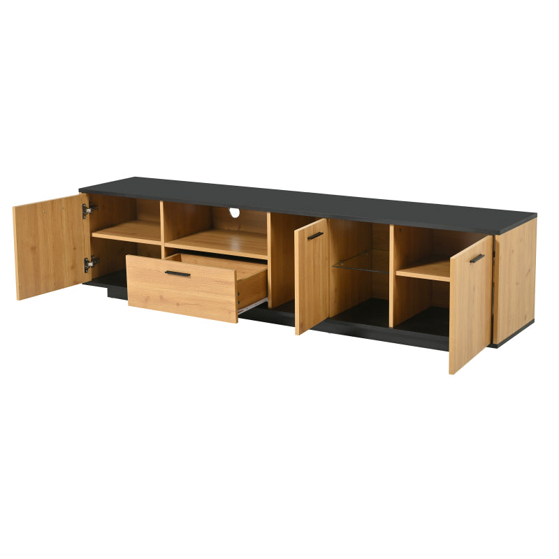 TV-Schrank mit einer Schublade, drei Türen, zwei offene Fächer mit Glas TV-Möbel, TV-Board, TV-Lowboard Feinstruktur. Schwarze und natürliche Holzfarben. 15 variable LED-Leuchten.