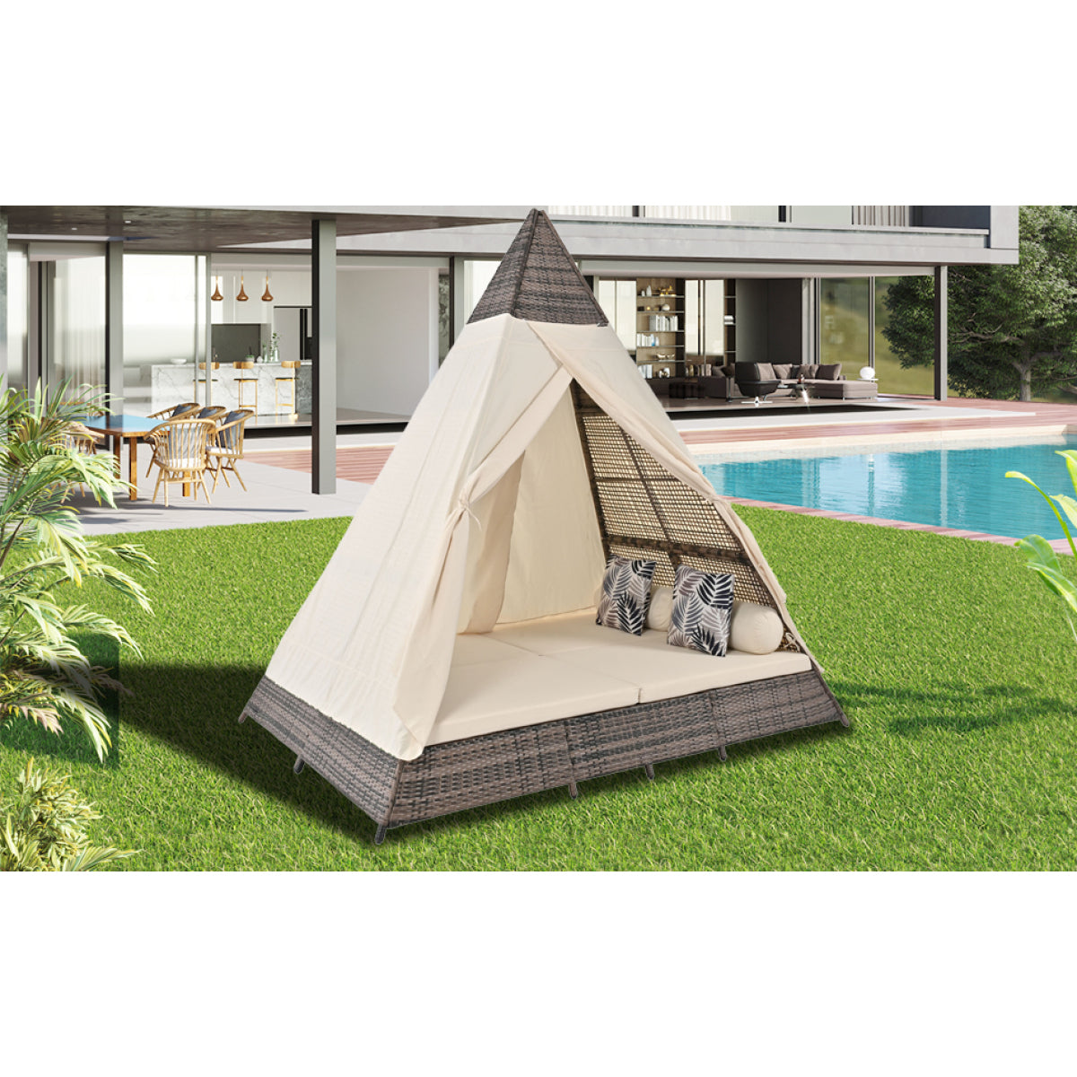 Gartenlounge-Set, Rattanzelt, geeignet für 2–4 Personen, inklusive aller Sitzkissen und Kissen, graues Rattan, beiger Türvorhang, Sitzkissen mit Reißverschluss, daher abnehmbar und waschbar