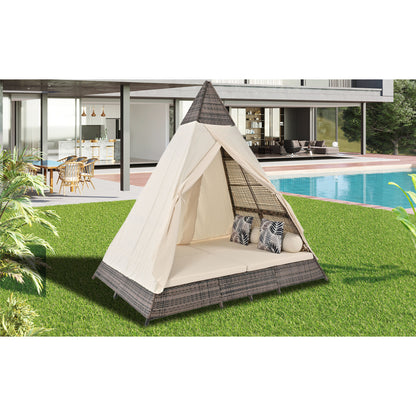 Gartenlounge-Set, Rattanzelt, geeignet für 2–4 Personen, inklusive aller Sitzkissen und Kissen, graues Rattan, beiger Türvorhang, Sitzkissen mit Reißverschluss, daher abnehmbar und waschbar