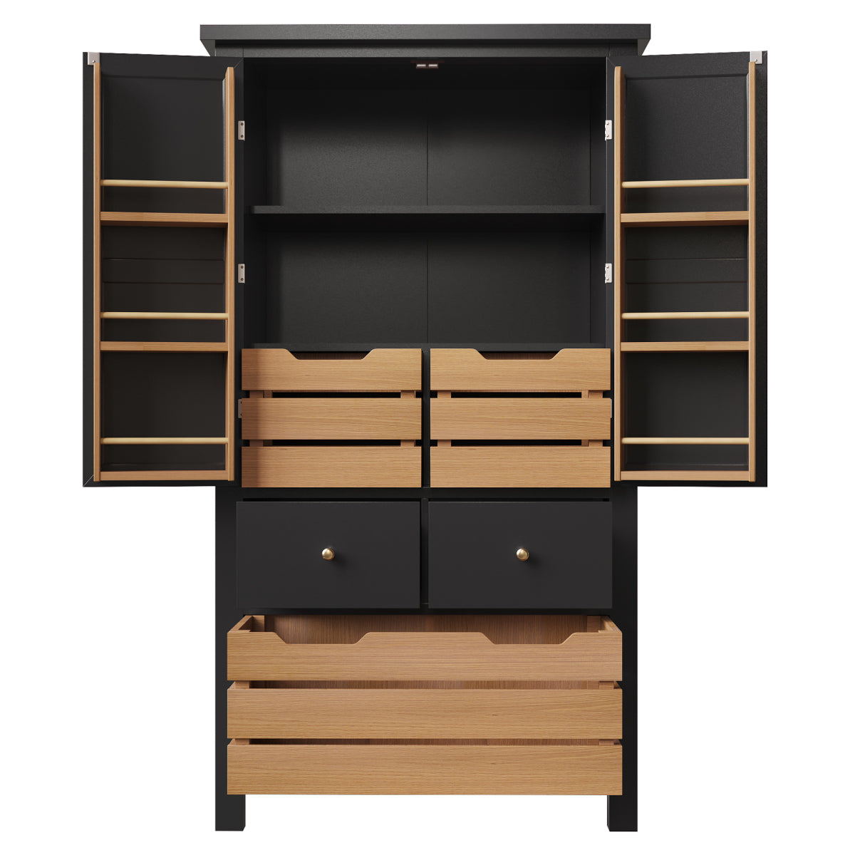Küchenschrank 140cm hoch, Buffet-Schrank mit 2 Türen & 5 Schubladen, Mehrzweckschrank Schwarz, Sideboard Vorratsschrank mit Kippschutz, 80x40cm