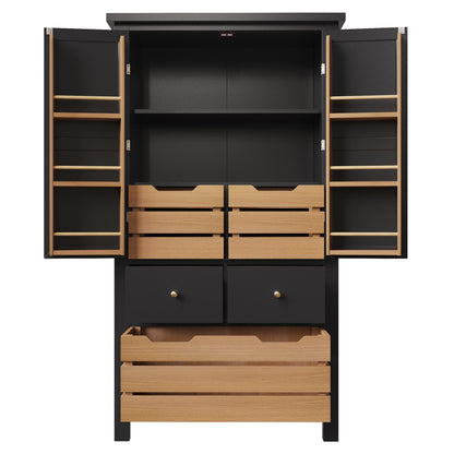 Küchenschrank 140cm hoch, Buffet-Schrank mit 2 Türen & 5 Schubladen, Mehrzweckschrank Schwarz, Sideboard Vorratsschrank mit Kippschutz, 80x40cm