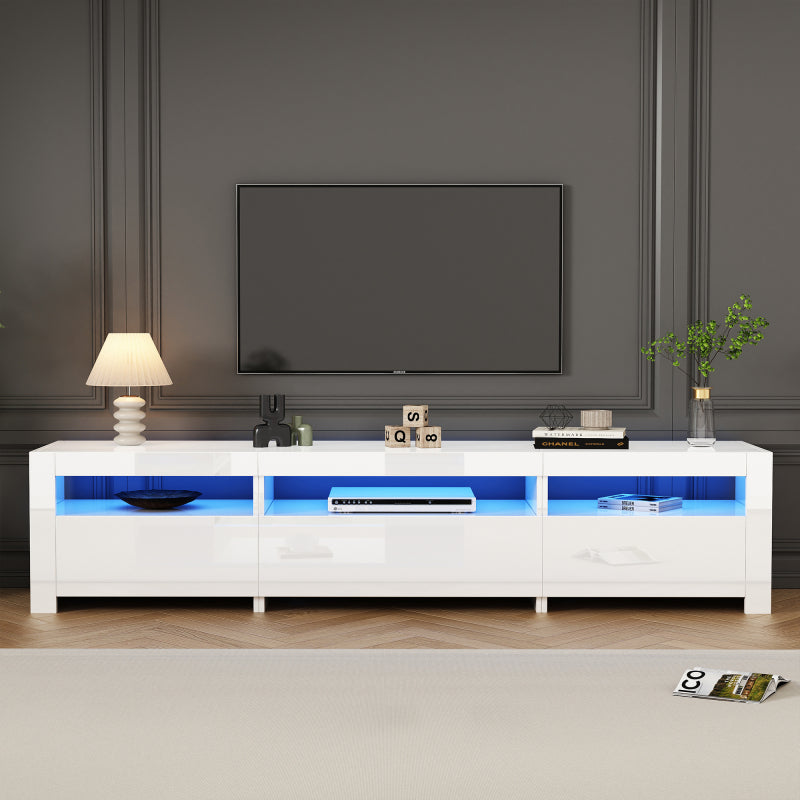 Weißer Hochglanz-TV-Schrank mit LED-Beleuchtung und Stauraum, weißes niedriges Paneel, bietet Platz für 80-Zoll-Fernseher, TV-Unterschrank mit herunterklappbarer Schranktür, 190 x 24 x 40 cm