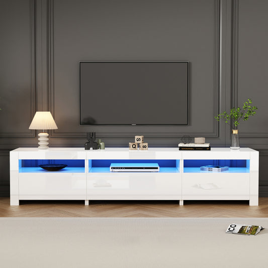 Weißer Hochglanz-TV-Schrank mit LED-Beleuchtung und Stauraum, weißes niedriges Paneel, bietet Platz für 80-Zoll-Fernseher, TV-Unterschrank mit herunterklappbarer Schranktür, 190 x 24 x 40 cm