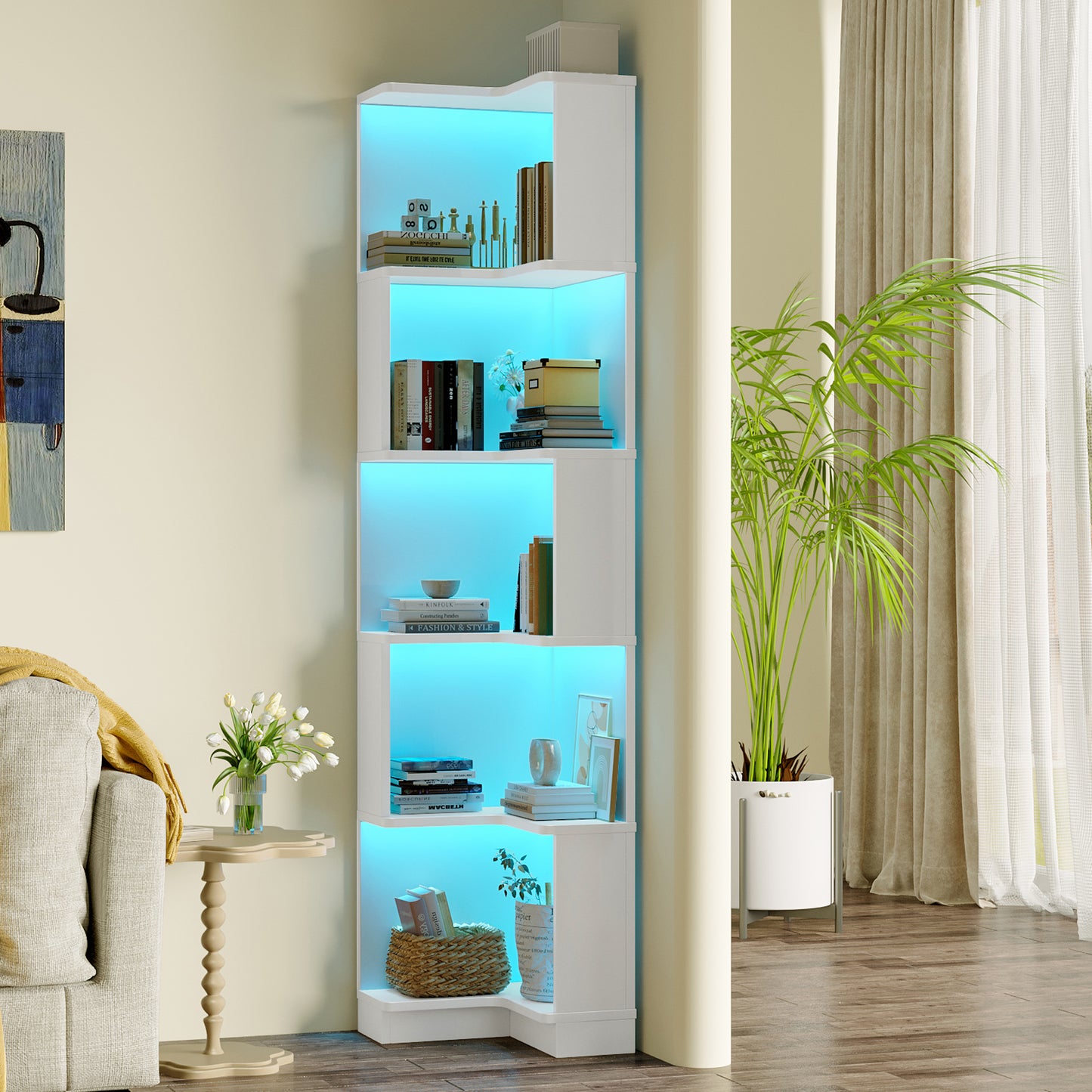 Eck Bücherregal,  L-förmiges Bücherregal, LED-Farbwechsel-Lichtleiste, Fernbedienung/App-Steuerung, weiß